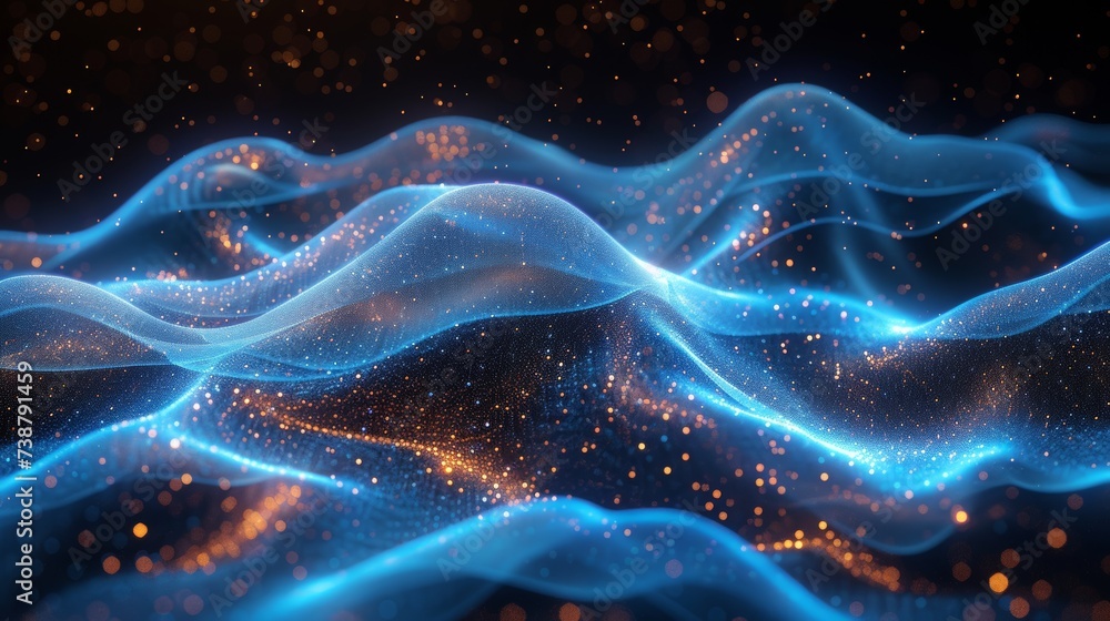 Aufkleber this image depicts flowing blue light patterns resembling waves, interspersed with sparkling particl