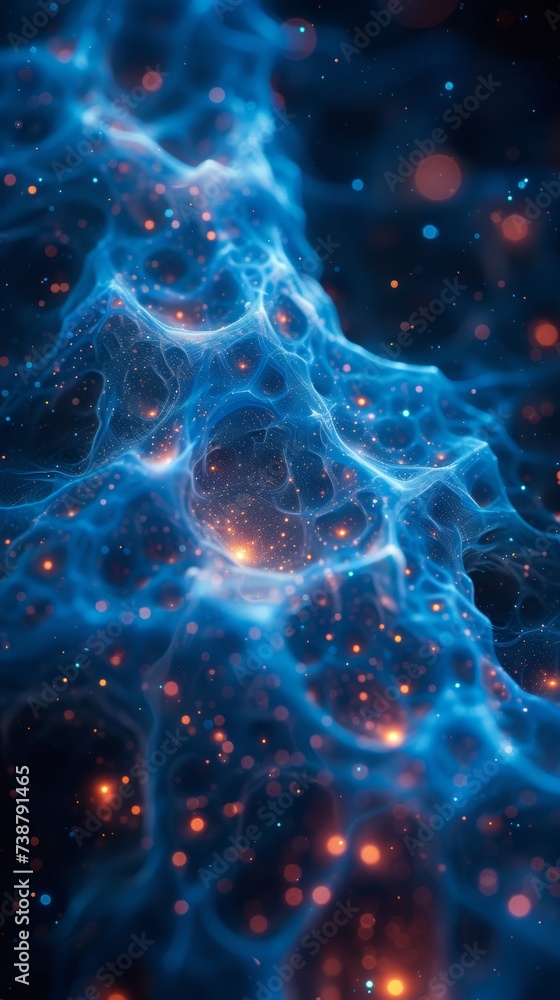 Poster The image depicts a blue, glowing, neural network-like structure against a dark background with floating particles