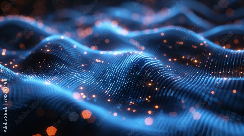 Poster this image shows a digital abstract wave pattern composed of glowing blue dots with bokeh effects