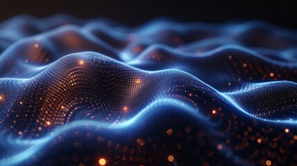 This image displays a digital abstract wave pattern with glowing blue dots and a dark background