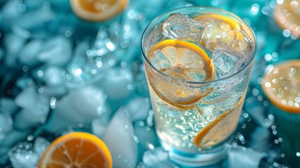 A refreshing drink with ice cubes and lemon slices, sparkling water, on a bed of ice.