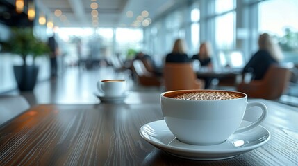 A coffee cup in sharp focus on a table with blurry people in a cafe background