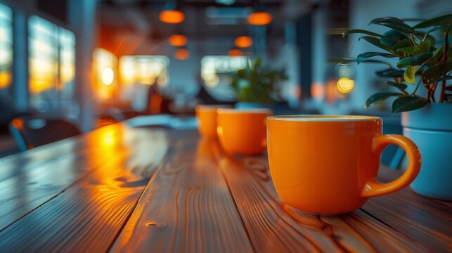 Two orange coffee mugs on a wooden table in a cozy café with warm ambient lighting