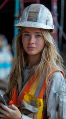 A woman wearing a hard hat and high-visibility vest holds a phone, likely on a construction site
