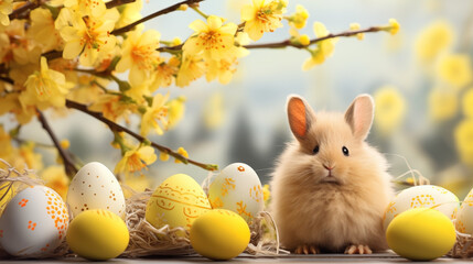 Żółte tło na życzenia Wielkanocne. Alleluja - Wesołych świąt Wielkiej Nocy. Jajka, kwiaty i inne wiosenne dekoracje. - obrazy, fototapety, plakaty