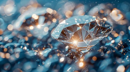 A brilliantly cut diamond rests atop glistening beads, radiating sparkling light amid a surreal blue backdrop