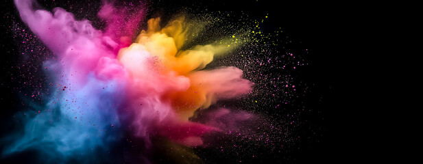 vibrant and colorful explosion of powder against a black background for holi festival