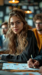 Fototapeta premium A young woman with glasses at a table, holding a pen, in a group setting