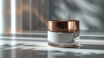 A cosmetic jar with a metallic lid sits on a reflective surface against a blurred backdrop