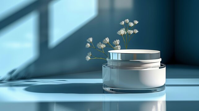 A Cosmetic Jar With A Silver Lid And White Flowers On A Reflective Surface, Modern Elegance