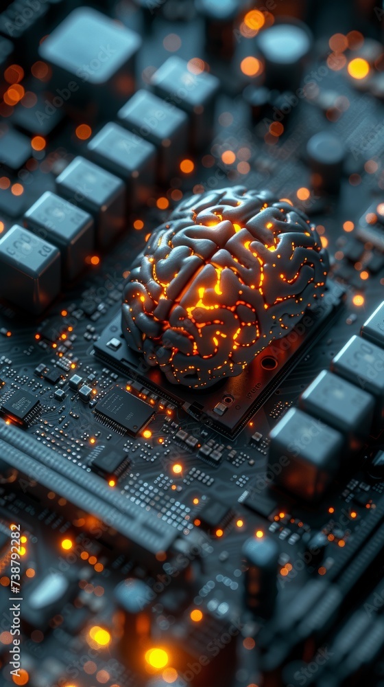 Poster a digital brain sits on a circuit board amongst keys, symbolizing artificial intelligence or advance