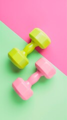 Colored dumbbells on a colored background for sports. Healthy lifestyle. AI generated.