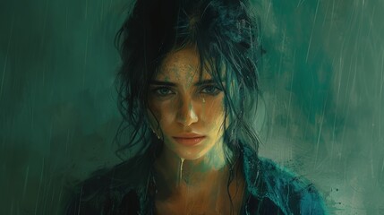 A digital painting of a woman with dark hair, intense gaze, and water droplets on glass