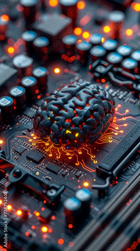 Poster a digitally created brain intersects with a circuit board, symbolizing the fusion of biology and tec