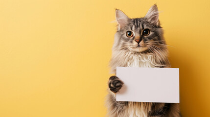Fluffy tabby cat holds a blank white paper note mock-up on yellow background with copy space for text, template for vet clinic, pet store or adoption announcement.
