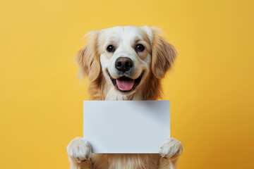 Happy golden retriever dog holds a blank white sign mock-up on yellow background, template with space for text for vet clinic or pet store, adoption announcements - obrazy, fototapety, plakaty