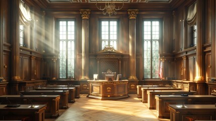 An opulent courtroom with wooden paneling, a judge's bench, sunlight streaming through windows, and empty jury seats