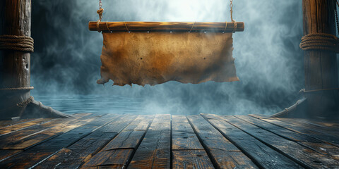 Old wooden pirat ship with hanging empty board, wooden podium. - obrazy, fototapety, plakaty