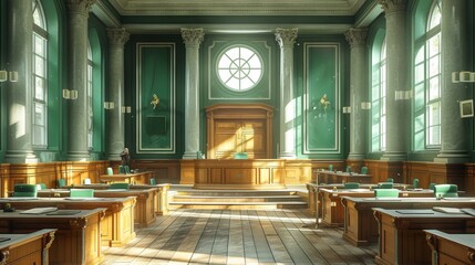 An elegant, sunlit courtroom with green walls, wooden furniture, and empty jury seats awaits proceedings