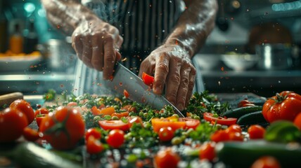 Close-up of a chef's hands expertly slicing fresh vegetables, knife skills on display, brightly lit professional kitchen setting, focus on the precision and freshness