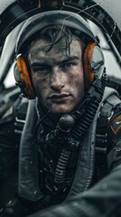 Obraz premium A person in a pilot uniform with a helmet and headset inside a cockpit, looking intense