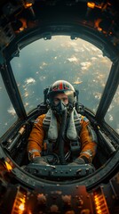 A pilot in an orange flight suit looks upwards, inside a cockpit, with Earth's surface below