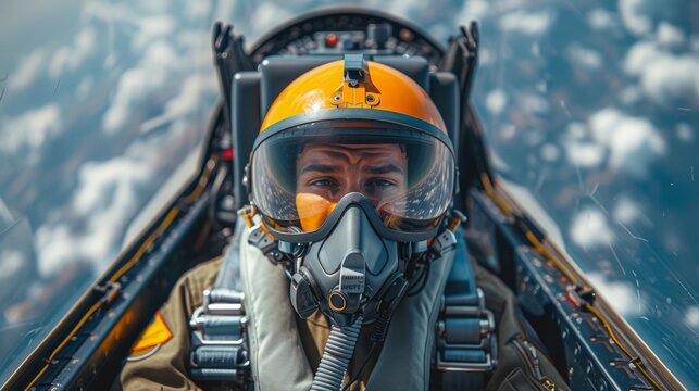 A pilot wearing a helmet and oxygen mask sits in a fighter jet cockpit above clouds
