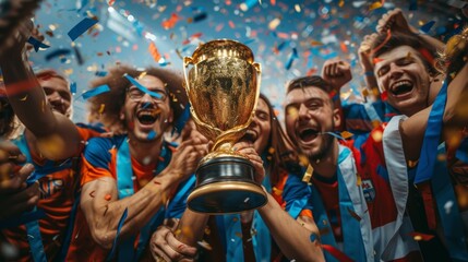 Ecstatic fans celebrate victory, holding up a golden trophy amidst a shower of colorful confetti - obrazy, fototapety, plakaty