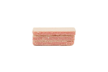 Raspberry flavored wafer biscuits, isolated on white background. Selective focus, soft focus