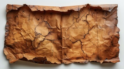 An old, worn, and stained piece of paper with cracks and folds, isolated on white background