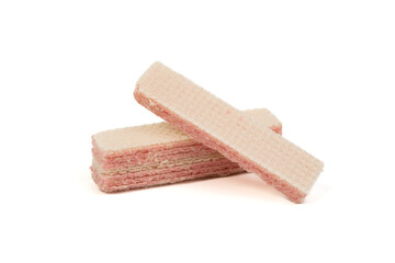 Raspberry flavored wafer biscuits, isolated on white background. Selective focus, soft focus