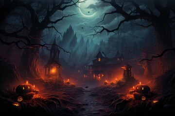 a haunted house in the middle of a forest with pumpkins and candles
