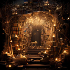 Magical bookshelf with books that come to life.