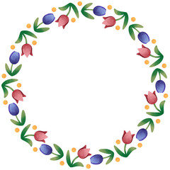 Watercolor tulips wreath round border frame 
