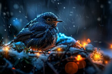 Winter Bird with Snowflakes and Twinkling Lights