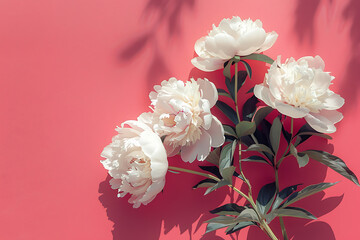 large fresh white peonies on a pink background in the