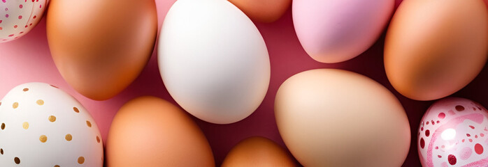 Easter pink banner. Easter  shiny, mother-of-pearl egg background. Realistic image for banners, flyers, greeting cards, posters and printed products