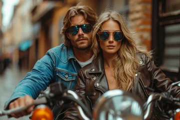 Ingelijste posters A stylish and romantic couple on a beautiful motorcycle ride, embodying freedom and togetherness. © Iryna