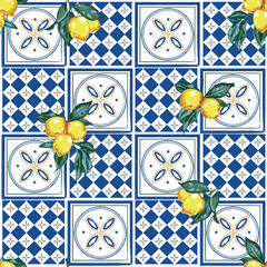 talian Geometric tiles with Lemons and Ceramic Tiles, Amalfi Coast Inspired Seamless pattern - 738794433