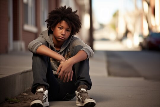 Troubled black teen teenager on a street sad face
