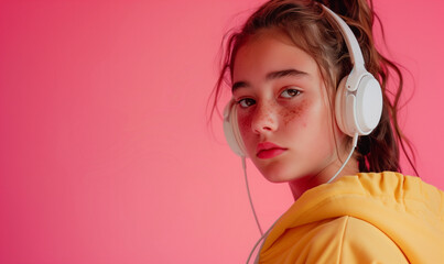zdjęcie studyjne nastoletniej dziewczyny w białych słuchawkach na różowym tle, portret - obrazy, fototapety, plakaty