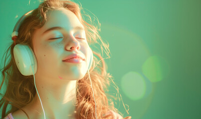 zdjęcie studyjne nastoletniej dziewczyny w białych słuchawkach na zielonym tle, portret