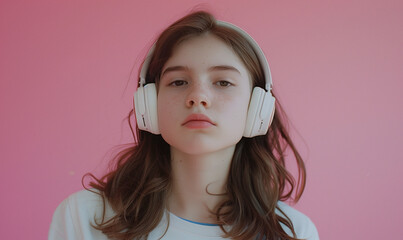 zdjęcie studyjne nastoletniej dziewczyny w białych słuchawkach na różowym tle, portret - obrazy, fototapety, plakaty