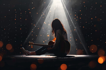 a girl playing guitar on a stage with a spotlight on her 