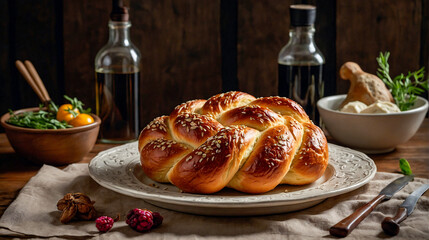 Challah, a Jewish braided bread served on Sabbath and holidays. Plate with homebaked challah sprinkled with sesame seeds. Jewish food and tradition
