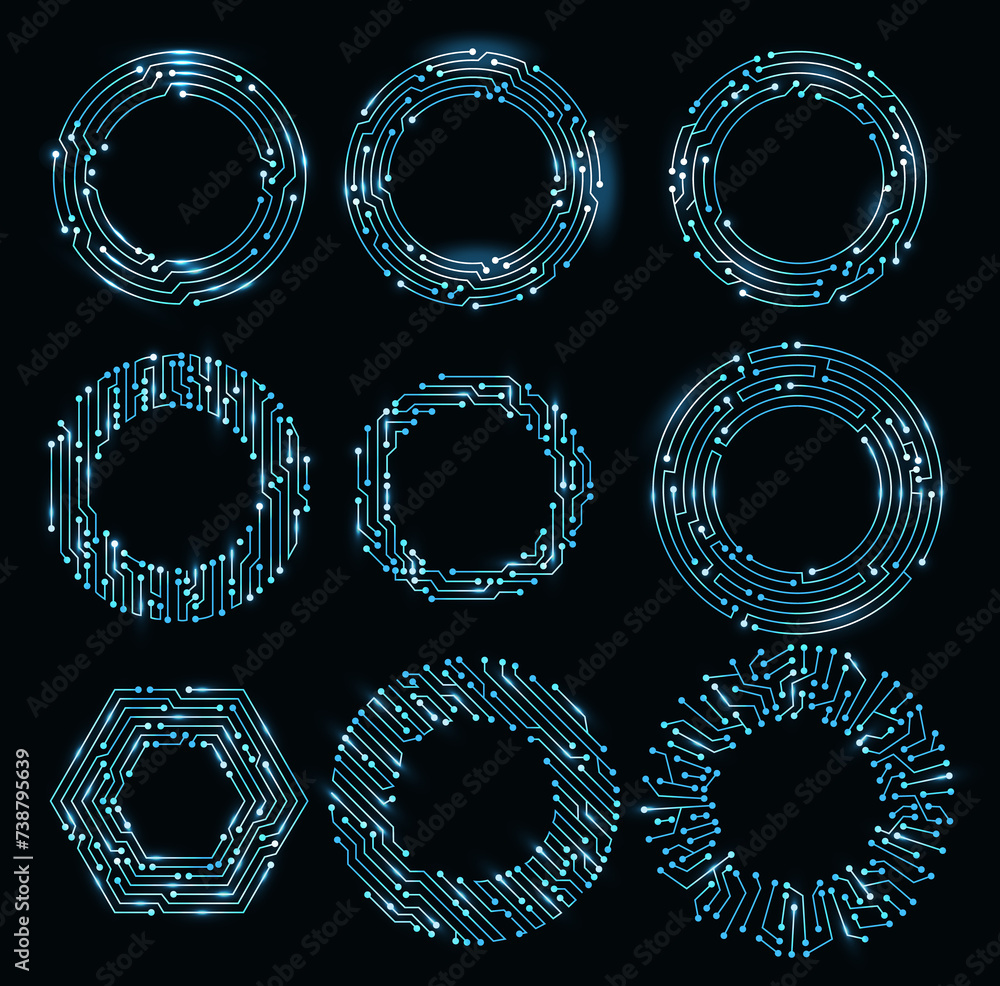Aufkleber circuit board circle frames. abstract digital round frame, hardware board and electronic motherboard
