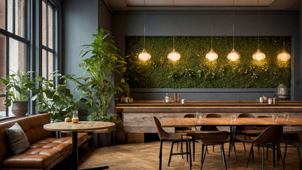 Cozy restaurant interior design with empty wooden chairs, tables and green plants decoration. Modern cafe interior filled with indoor plants, eco style