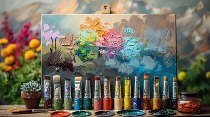 a group of paint brushes next to a painting