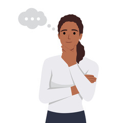 A beautiful woman with her hand on her chin showing a thought, thinking, or having a question. Flat vector illustration isolated on white background