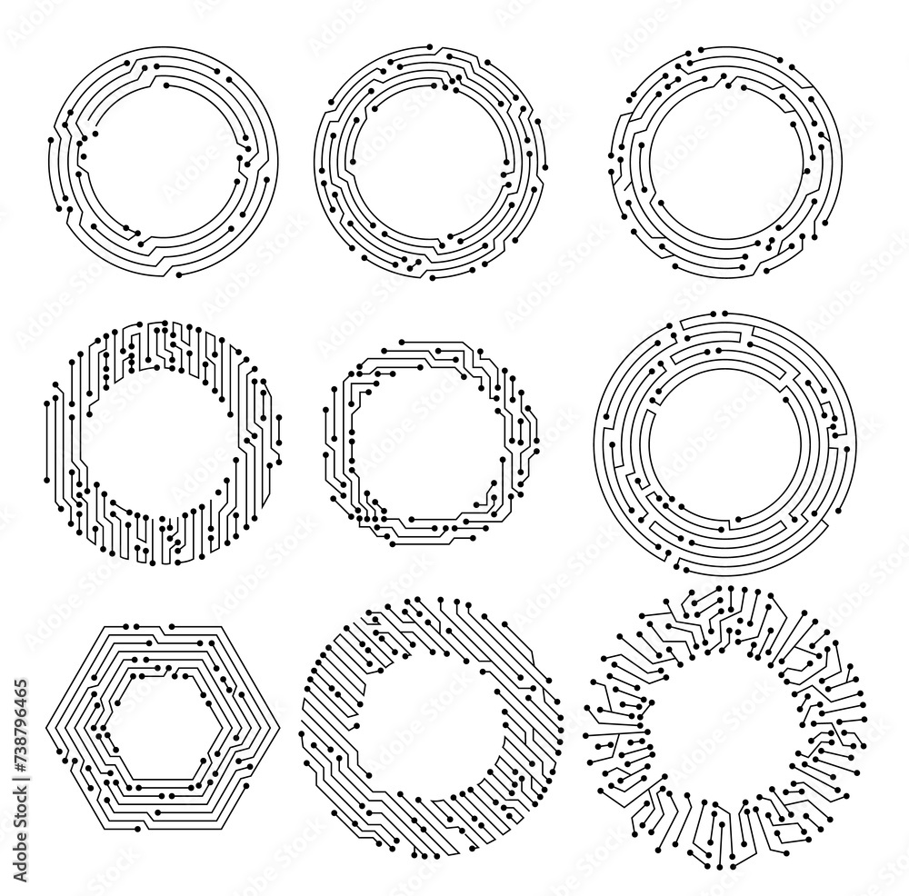 Aufkleber circuit board circle frames. abstract digital round frame, hardware board and electronic motherboard